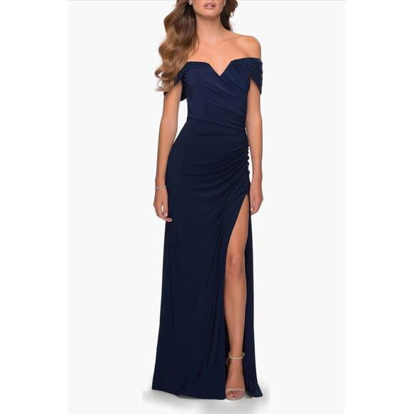 NEW LA FEMME off the shoulder fully ruched floor length gown in navy